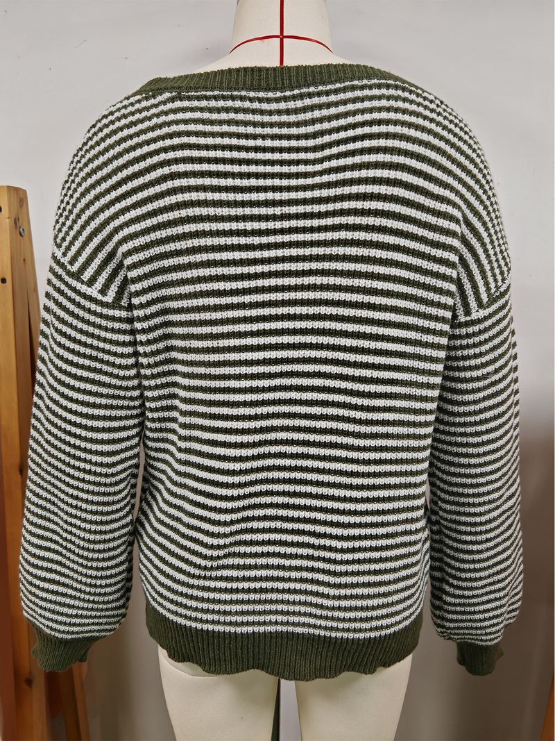 Women's Off-Shoulder Knit Sweater With Color Block Stripes & Lantern Sleeves – Relaxed Fit, Casual Elegance For Fall_voghion.com