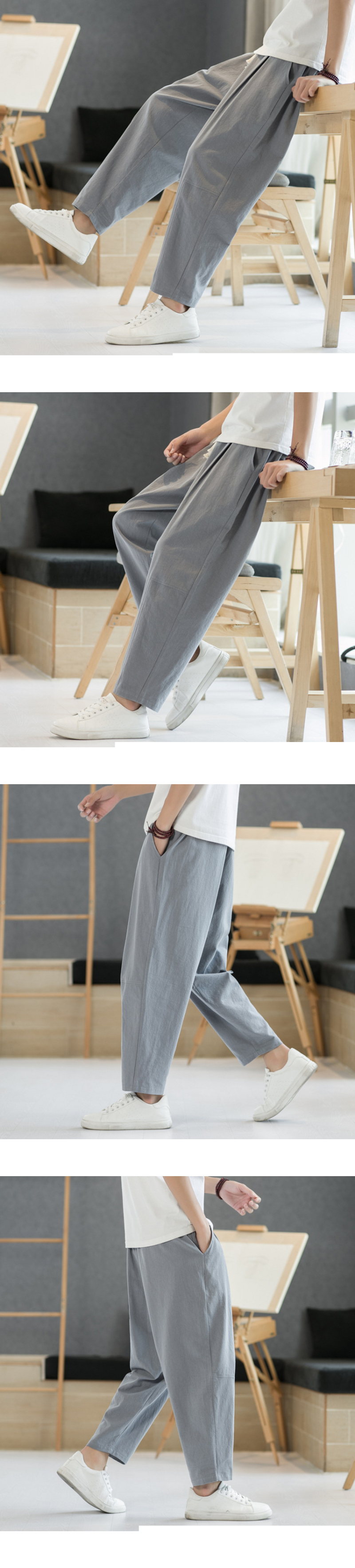 Herrenbekleidung Sommer Freizeithose Herren Leinen lose Leinenhose neun Punkte lange Hose gerade Beinhose_voghion.com