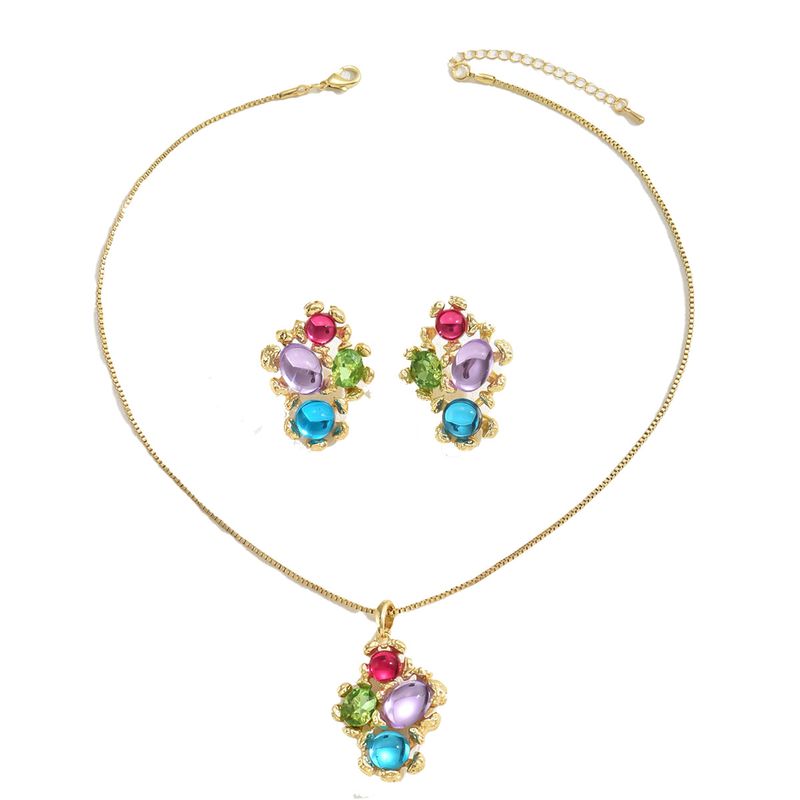 Small Fresh Korean Style Ladies Long Necklace Earrings Set Personality Inlaid With Colored Gemstones Irregular Clavicle Chain Earrings_voghion.com