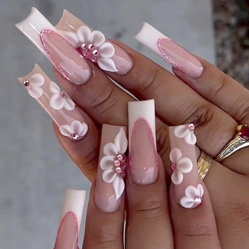 24 Stuks Lange Ballet Kunstnagels Wearable Doodskist Franse Druk op Nagels Bloem Ontwerp Nep Vingernagels met Rijnen_voghion.com