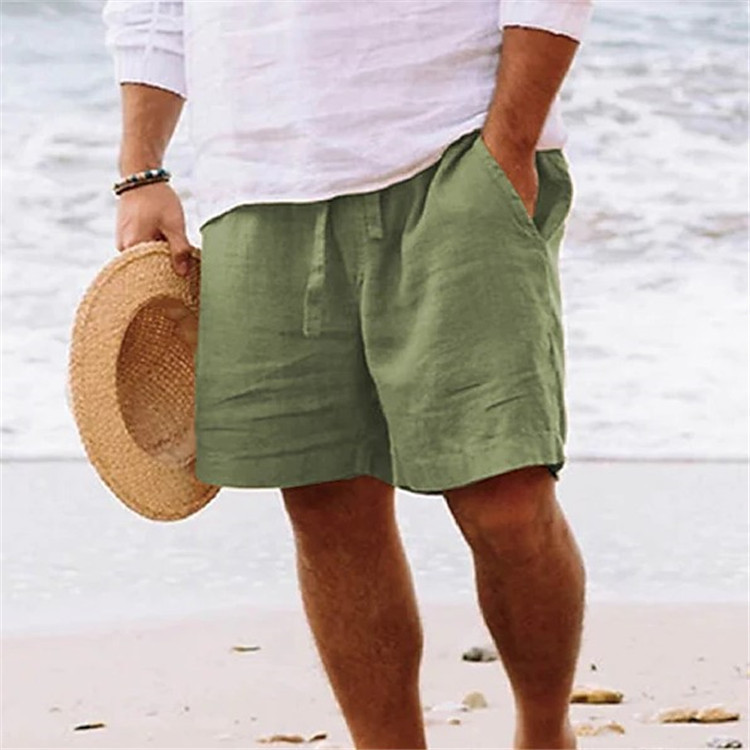 Pantaloncini da uomo, cotone e lino, coulisse estiva, vita elastica, gambe dritte, tinta unita, comodi, traspiranti,_voghion.com
