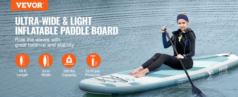 VEVOR Inflatable Stand Up Paddle Board, 10' x 33" x 6" Wide SUP Paddleboard, with Board Accessories, Pump, Paddle, Fin, Phone Bag, Backpack, Ankle Lea_voghion.com