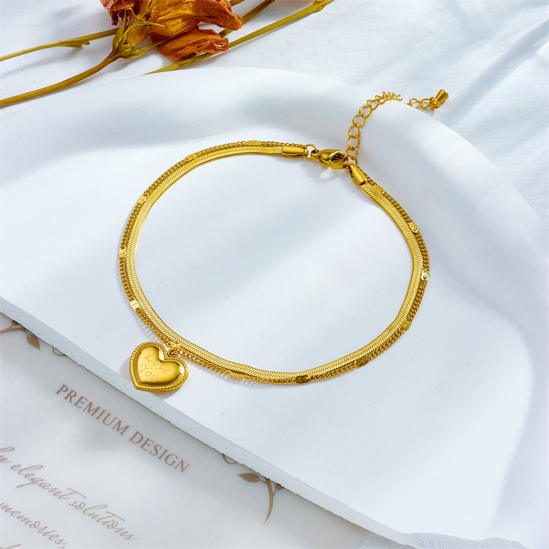 Cavigliera versatile con ciondolo con scritta d'amore a catena a doppio strato in acciaio al titanio di alta qualità retrò semplice alla moda europea e americana_voghion.com