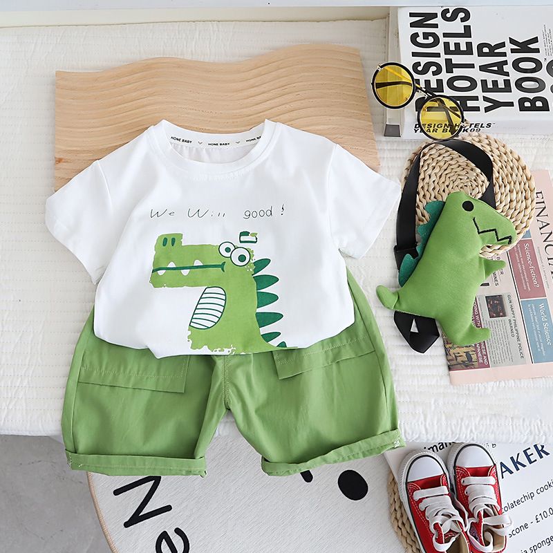 Children's shorts, summer clothing, cartoon dinosaur bag, short sleeved casual T-shirt, children's top set_voghion.com