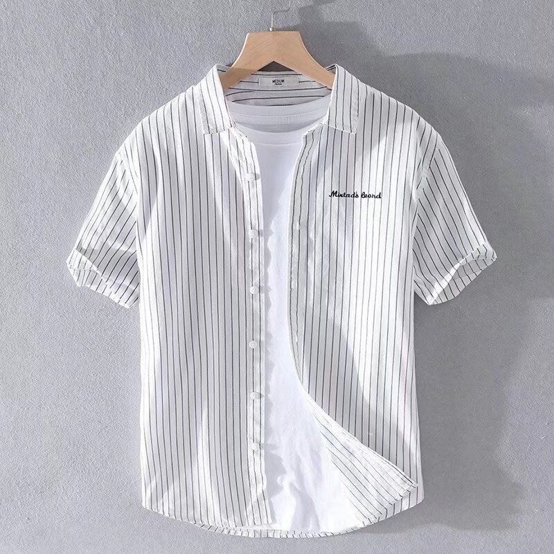 Camicia a maniche corte in lino di cotone a righe giapponesi per camicia da uomo in stile artistico sottile e versatile dell'estate 2024_voghion.com