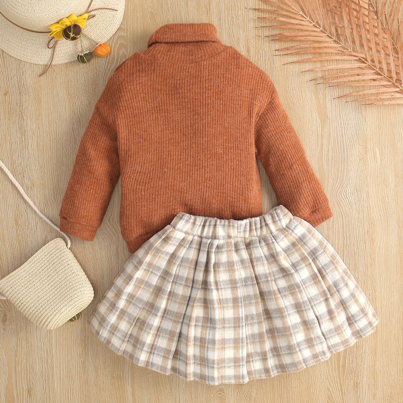 Pull à col haut à manches longues et base en laine tricotée pour fille + jupe courte à carreaux, ensemble deux pièces, nouvelle collection automne 2024_voghion.com