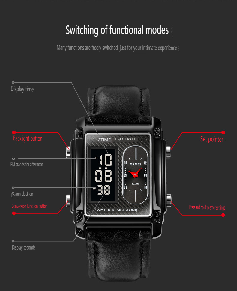 Time skönhet Skmei modetrend multifunktionell fyrkantig herrstålbälte elektronisk klocka gränsöverskridande bästsäljande affärsklocka_voghion.com