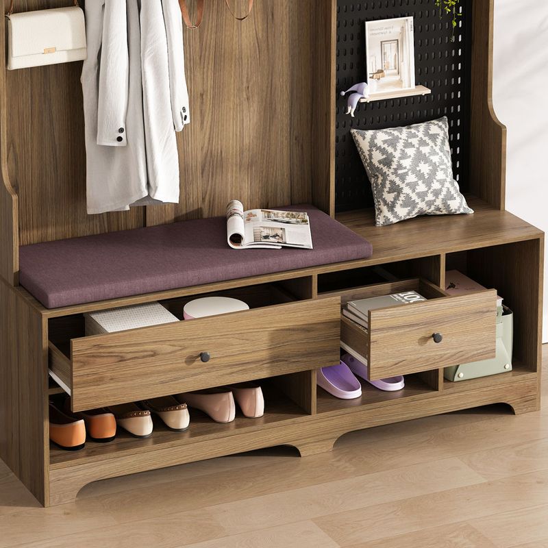 Multi-purpose Hallway Hall Tree With Removable Linen Cushioned Entryway Bench, Coat Rack, Storage Shelves, And DIY Pegboard,for Hallways, Living Room, Brown_voghion.com
