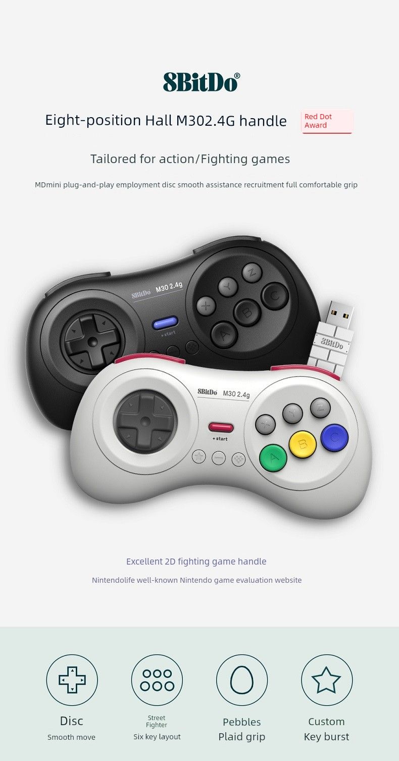 8Bitdo kahdeksanbittinen Hall M30 Mdmini -versio 2.4G langaton taistelukahvakytkin Sega-pelikonsolille_voghion.com
