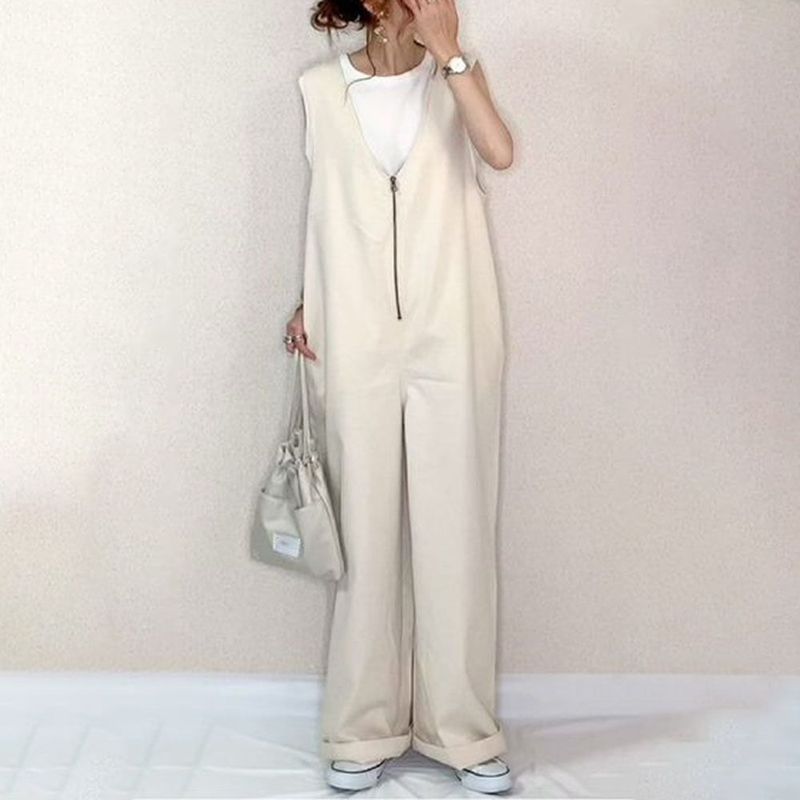 Japanese-Style Linen Cotton Jumpsuit With Wide-Leg & Straps - Summer Breathable Romper In Black, Beige & Navy_voghion.com