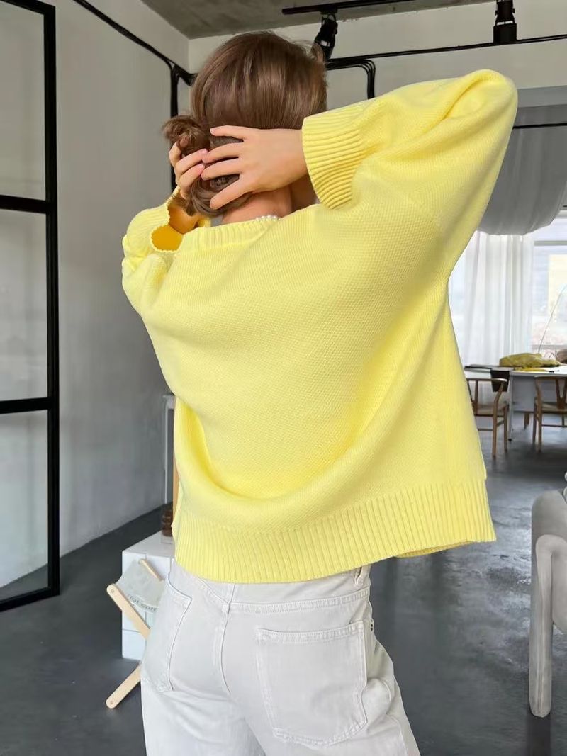 Cardigan en tricot à col en V et poches pour femme - Pull oversize doux et confortable pour l'automne et l'hiver, élégant, coupe ample, décontracté, manches longues, ouvert sur le devant_voghion.com