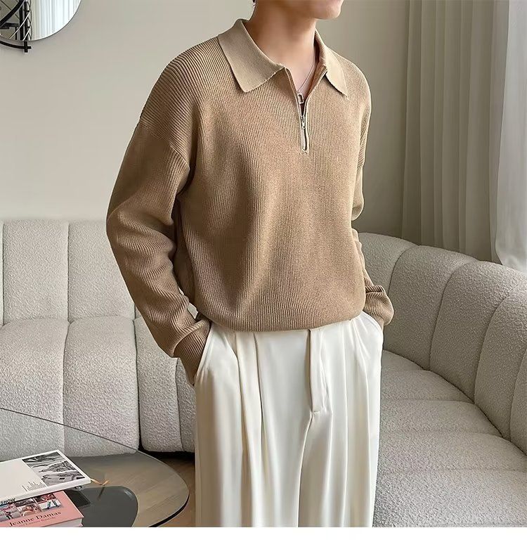 Maglione da uomo con colletto polo e mezza zip, autunno inverno, pullover lavorato a maglia, stile giapponese, semplice, casual, elegante, base_voghion.com