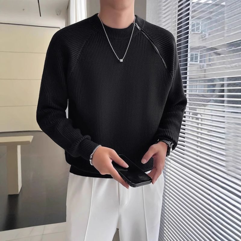 Lazy style fashionable round neck diagonal zipper solid color light mature trendy brand men's winter knitted sweater pullover sweater_voghion.com
