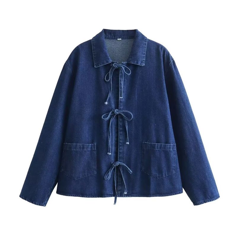 Damen 2024 Herbst/Winter neues Langarmhemd aus gewaschenem Denim mit Schnürung_voghion.com