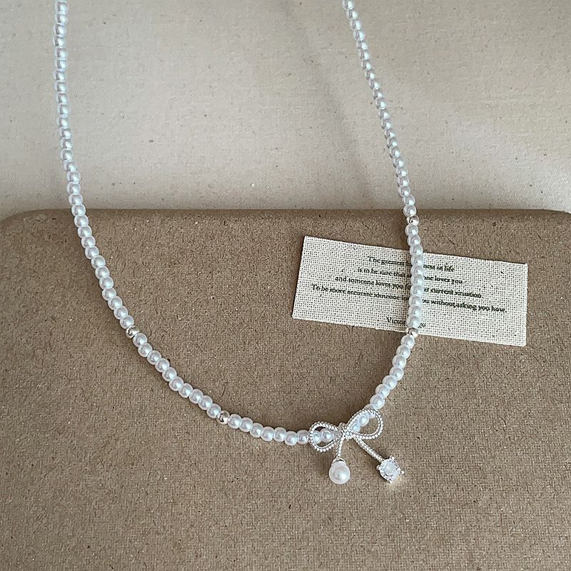 Classybych Light Luxury Bowknot Pearl Necklace Simple High-end Personality Fashion Versatile Collarbone Choker_voghion.com
