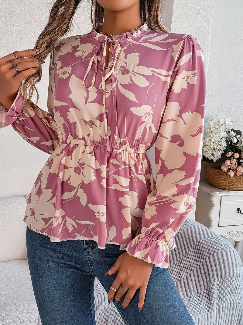 2025 herbst Winter Neue Casual Floral Lace-Up Langarm Chiffon Bluse frauen Mode_voghion.com