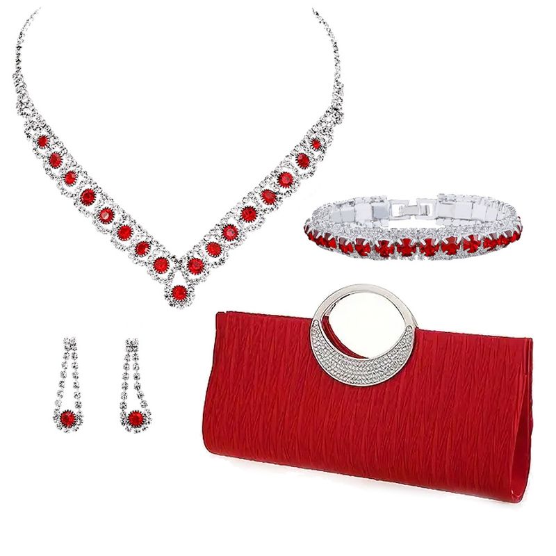 Women's Jewelry Set - Elegant Rhinestone Necklace, Earrings, Bracelet & Evening Clutch For Formal Occasions, Geometric Four Piece Party Necklace Set_voghion.com