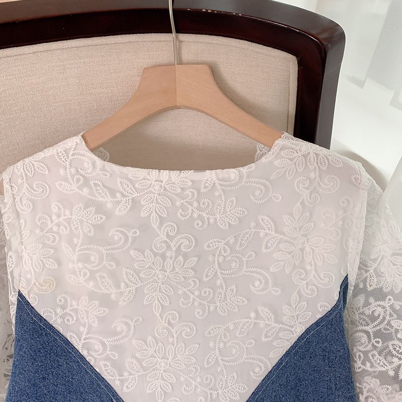Abbigliamento da donna taglie forti, abito in denim con scollo a V e cuciture in pizzo XX2522_voghion.com