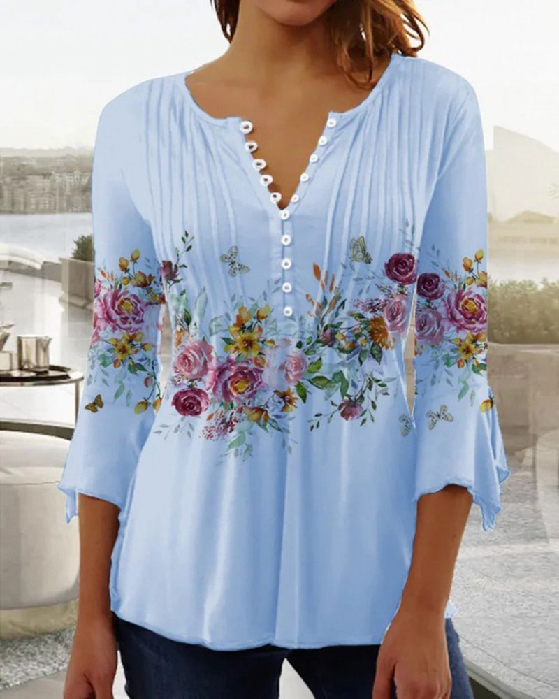 2025 Spring/Summer Fashion New Women's Flower Printed V-neck Short Sleeve Folded Button T-shirt Base Shirt_voghion.com