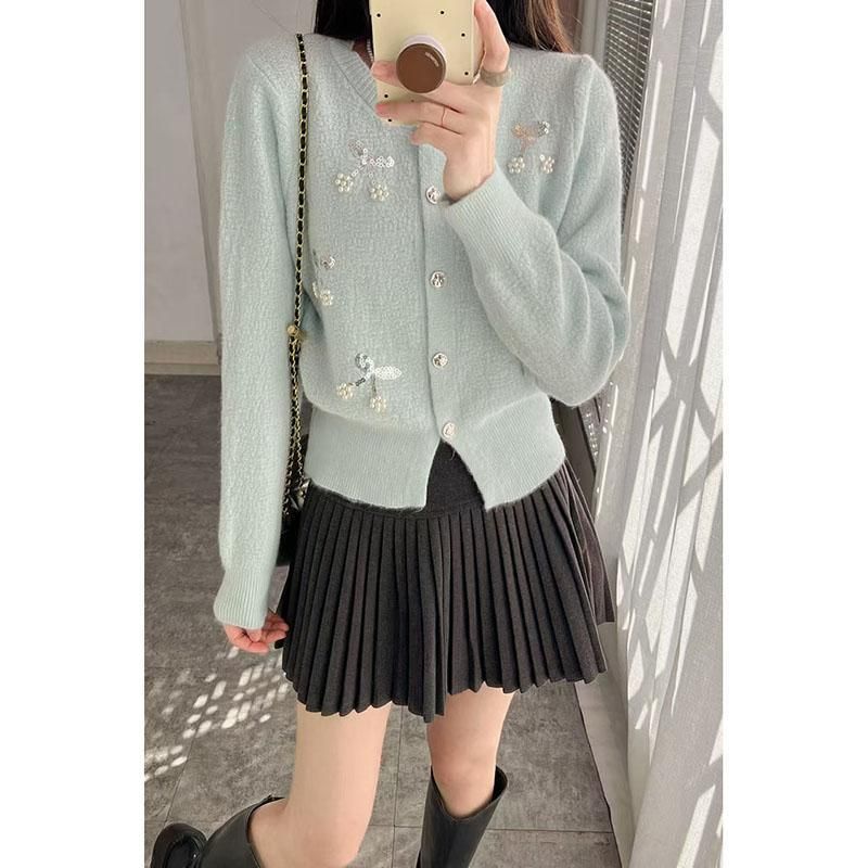 Glitter Cherry Embellished Cardigan – Cozy Oversized Knit Sweater With Pearl Buttons_voghion.com