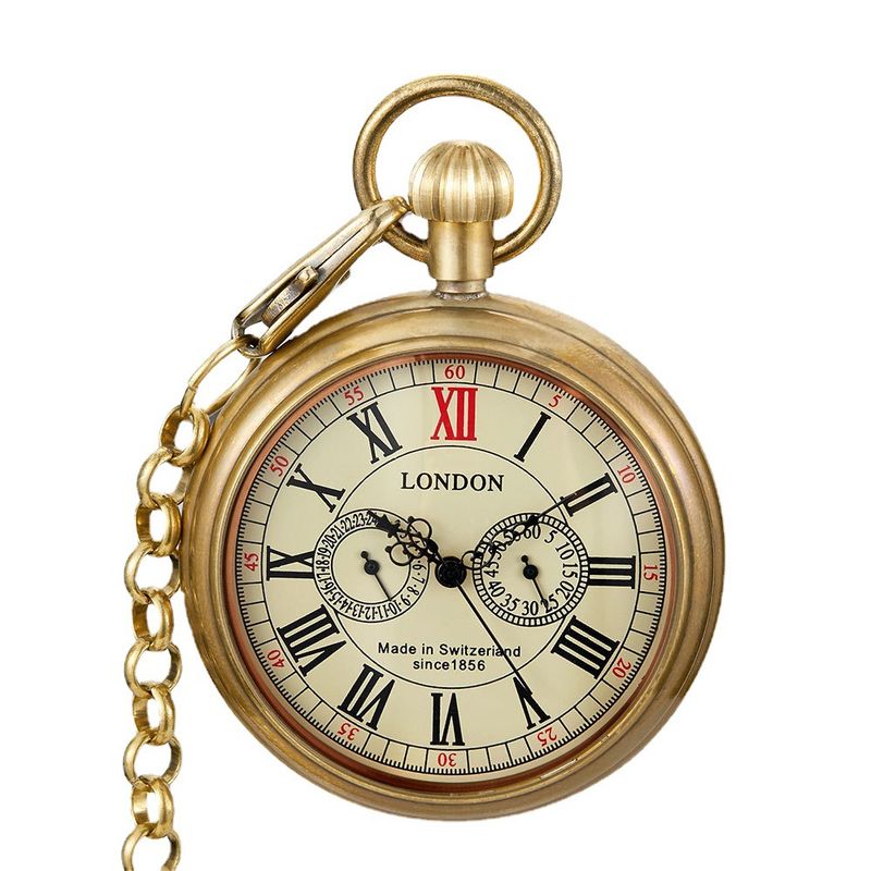 New Retro Pure Copper Coverless Roman Numerals Five Hands Mechanical Pocket Watch_voghion.com