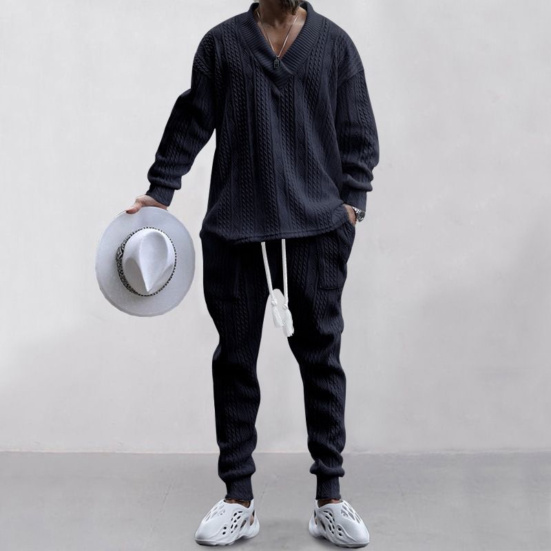 2 Fashionable Men's Casual Trousers V-neck Versatile Jacquard Knitted Sweater Men's Autumn Suit_voghion.com