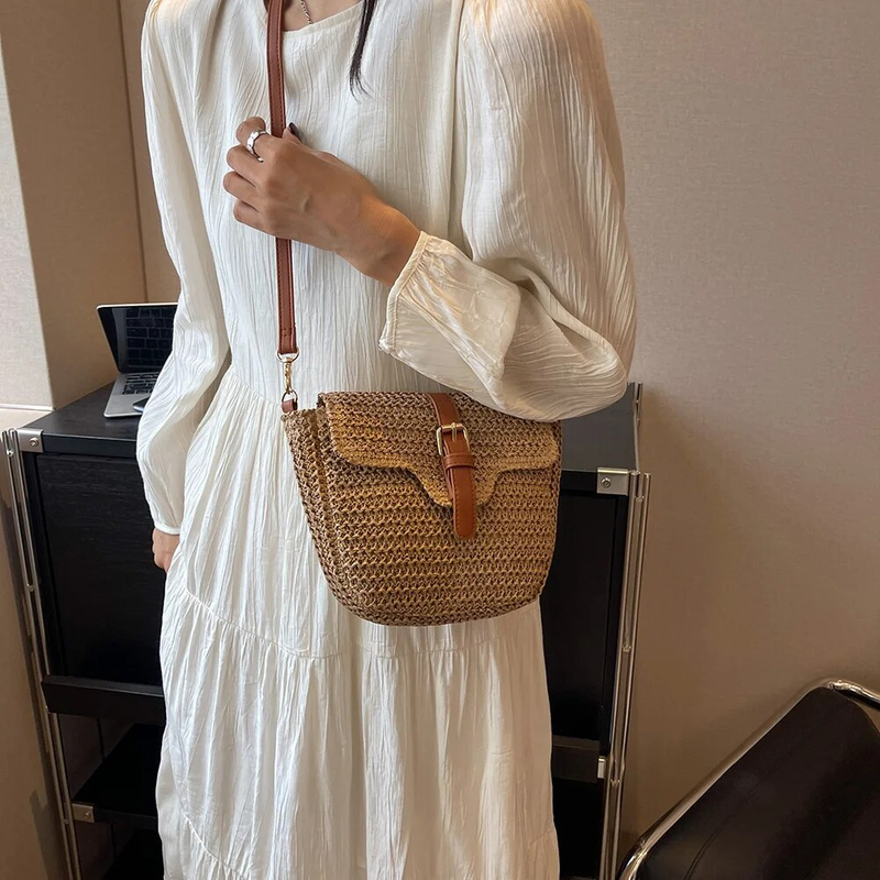 Borsa a tracolla da spiaggia da donna con cintura regolabile Borsa per telefono per la spesa estiva da donna con tracolla in conchiglia in paglia Boho_voghion.com