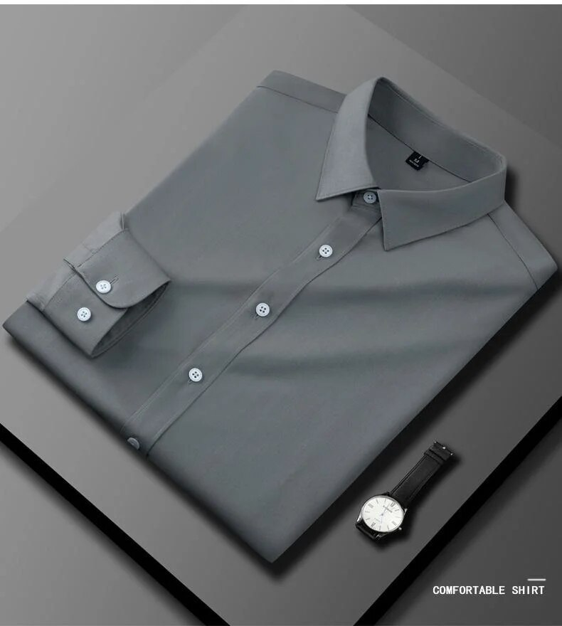 2023 New Light Luxury Long sleeved Business Casual No iron Silk Smooth High end Feel Handsome Versatile Men's Shirt_voghion.com