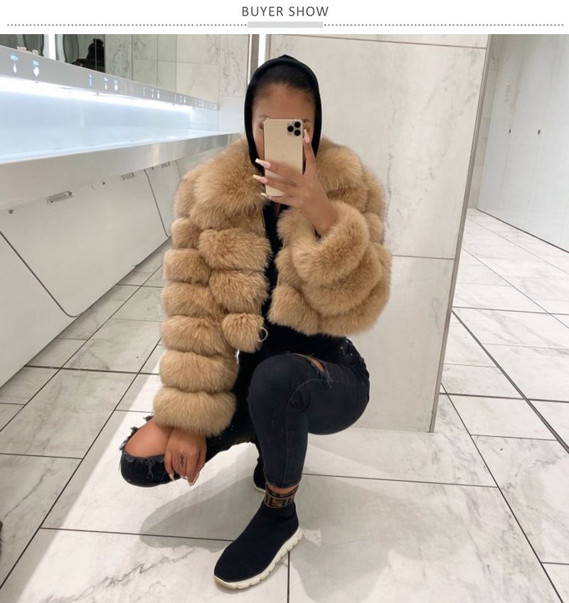 Casual White Black Fluffy Fall Winter Fox Fur Coat Women Short Jacket Long Sleeve Cropped Puffer Fur Jacket For Women Outwear_voghion.com