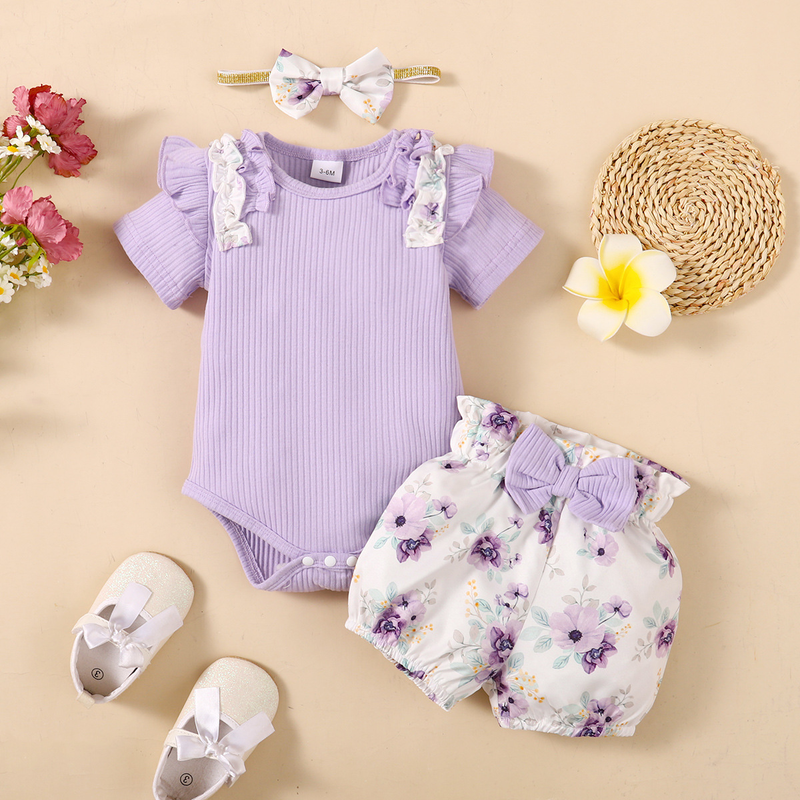 Girls spring and autumn 2024 new Korean style hot solid color short-sleeved top + small floral shorts three-piece set_voghion.com