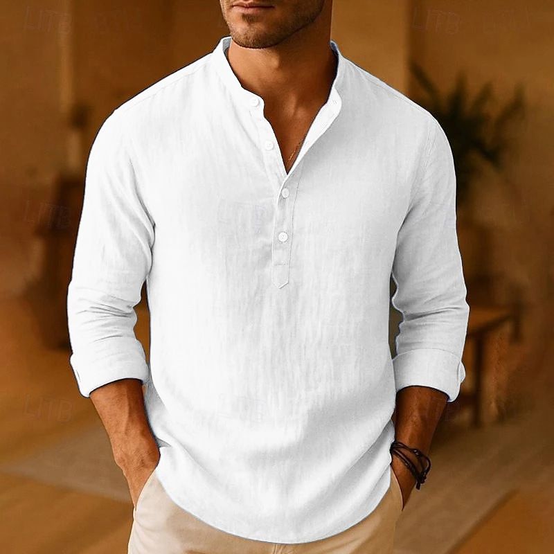 Maglia Henley da uomo in misto lino - Vestibilità comoda, traspirante, a maniche lunghe, casual, da indossare tutti i giorni (bianco, azzurro, grigio, rosa, nero, cachi)_voghion.com