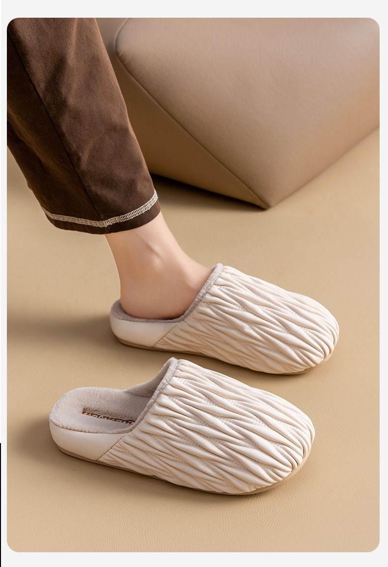 Wrinkled Cotton Slippers For Women, Autumn And Winter, Indoor Home, Anti Slip, Waterproof, Warm, Home With Velvet Leather Slippers For Men_voghion.com