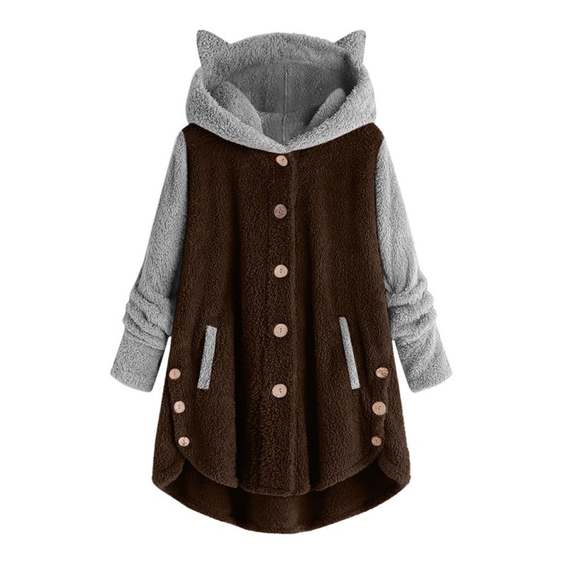 Women's Clothing Autumn And Winter Button Hooded Cat Ear Plush Top Irregular Trendy Brand Color Matching Jacket For Women_voghion.com