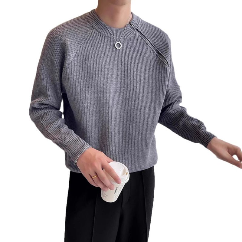 Lazy style fashionable round neck diagonal zipper solid color light mature trendy brand men's winter knitted sweater pullover sweater_voghion.com