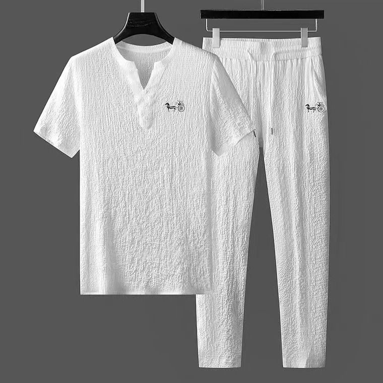 Abito estivo da uomo alla moda, due pezzi, plissettato, in cotone e lino, sottile, a maniche corte, stile cinese, con scollo a V, bianco, casual, sportivo_voghion.com