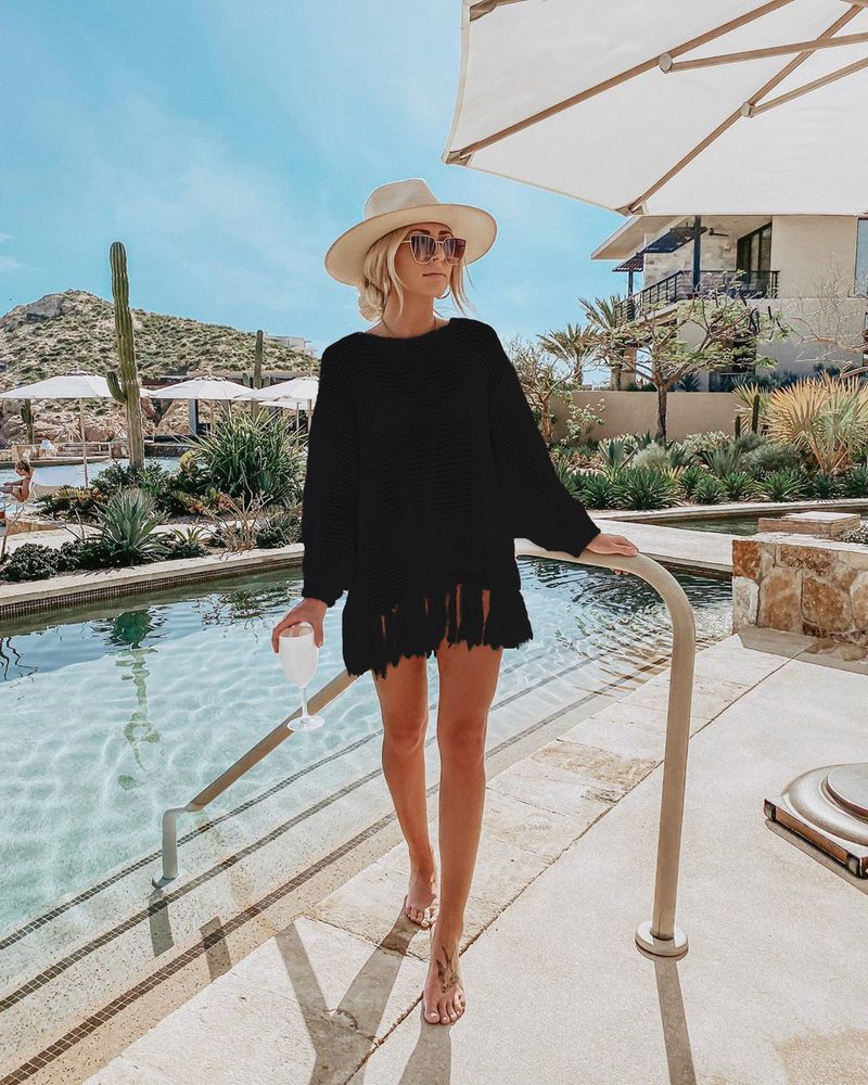 Women's Crochet Lace Fringe Beach Cover Up – Boho Chic Bikini Wrap, Lightweight Sun Protection Shirt, One Size Fits All_voghion.com