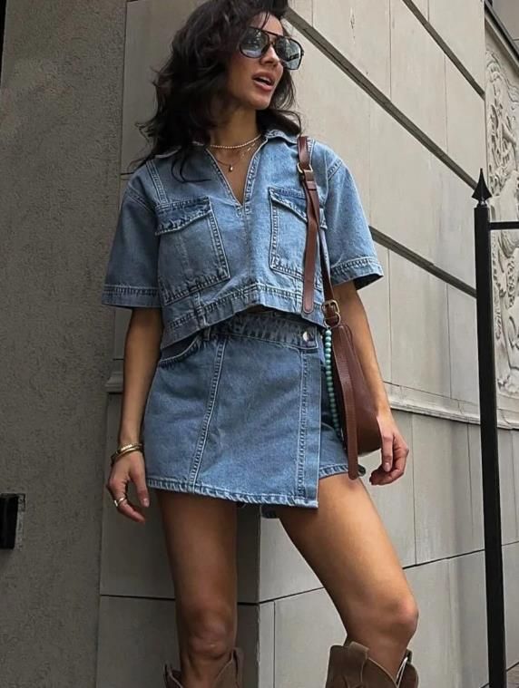 Workwear Denim Suit Skirt Pants For Women With V-neck Short-sleeved Top For Summer; Sexy Girl With High Waist And Irregular Shape_voghion.com