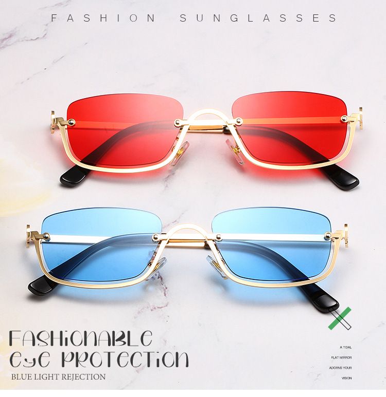 Hip Hop Small Frame Sunglasses - Metal Texture Square Half Frame For Women (Trendy Celebrity Style, UV400 Protection)_voghion.com