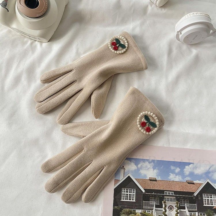 Winter Women's Double Layer Fleece Thickened Cashmere Wool Warm Touchscreen Simple Plain Gloves DIY_voghion.com