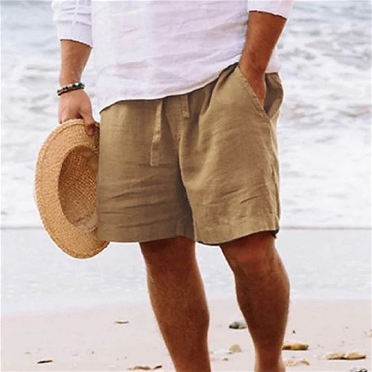 Pantalones cortos de algodón y lino para hombre, de verano, lisos, con cordón ajustable, cintura elástica y bolsillos, informales, para playa_voghion.com