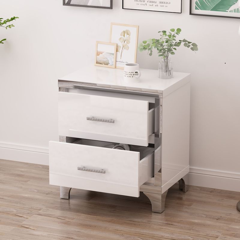 Elegant High Gloss Nightstand With Metal Handle,Mirrored Bedside Table With 2 Drawers For Bedroom,Living Room_voghion.com