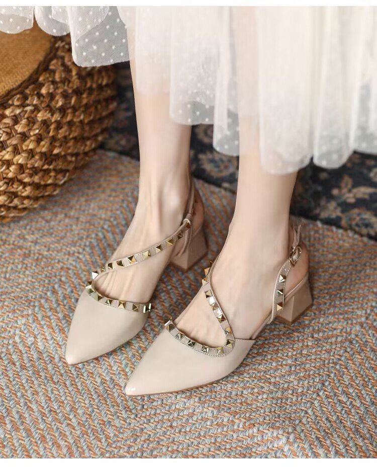 Women's 2025 Summer New Rivet High End Niche French Pointed Toe Thick Heel High Heels_voghion.com