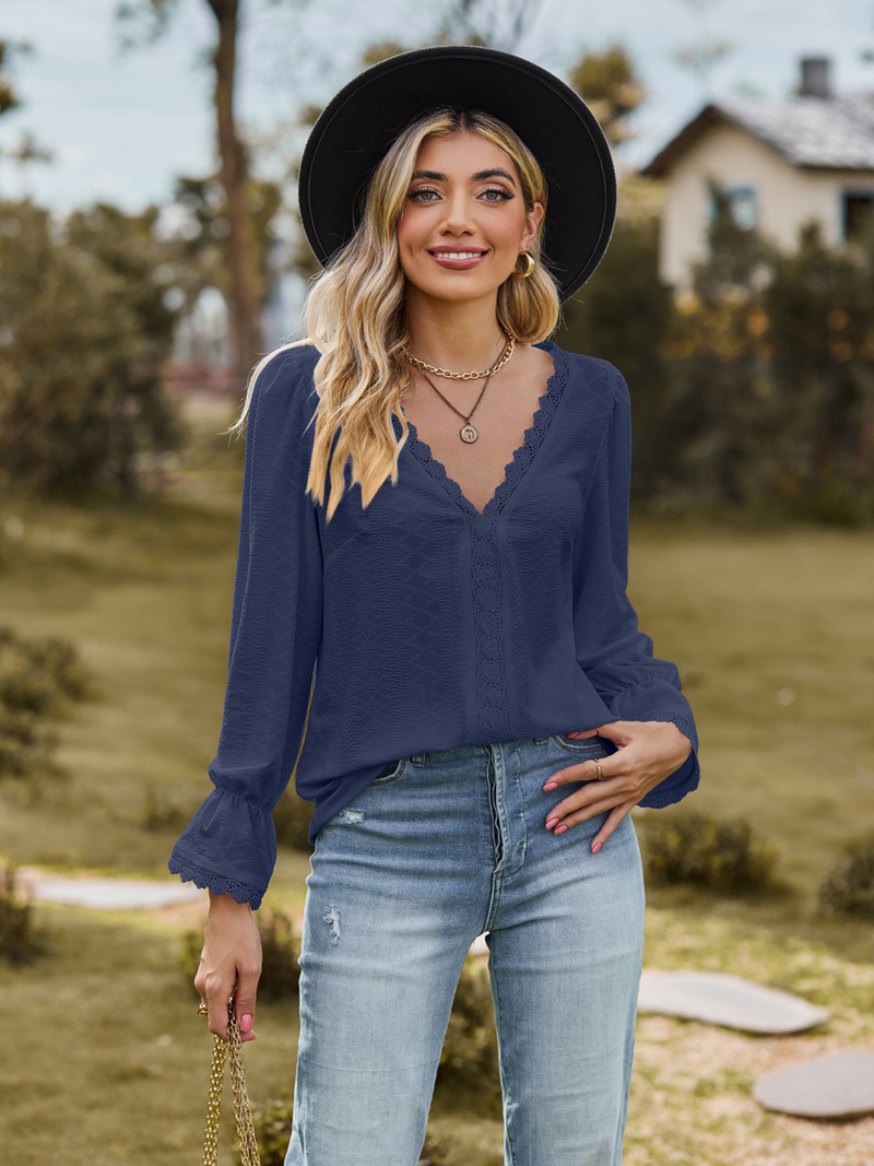 T-shirt da donna jacquard con scollo a V e top a maniche lunghe con impunture in pizzo_voghion.com
