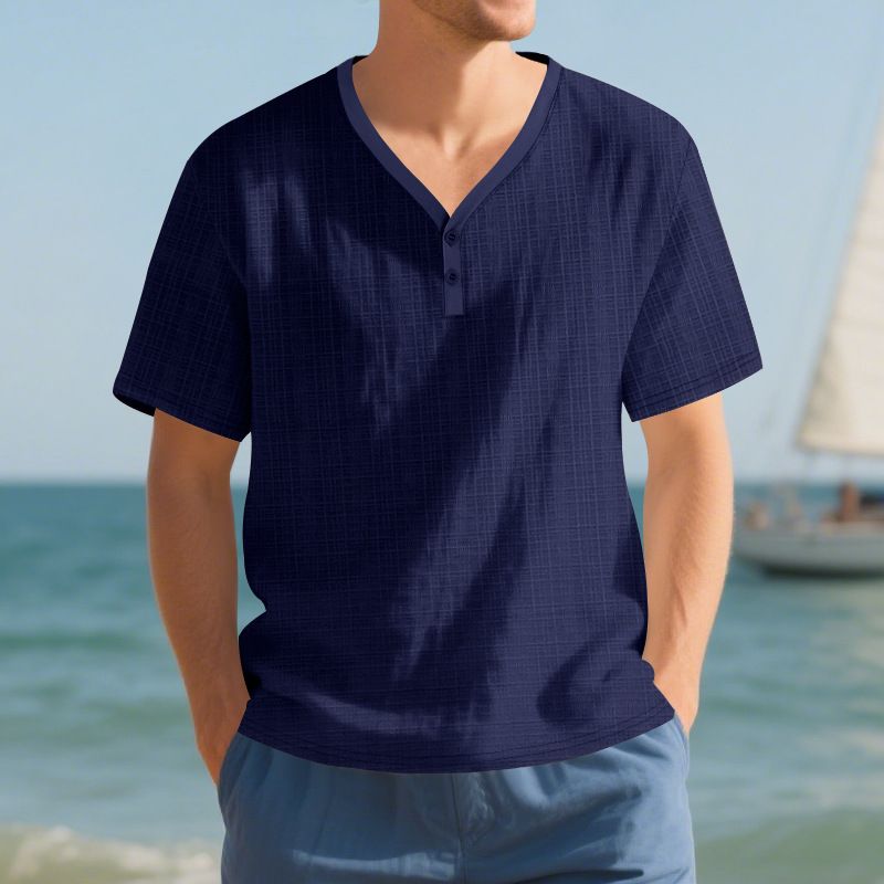 Sommer Herren Leinen Bambus Locker Atmungsaktiv Lässig Tough Guy Kurzarm Henley T-Shirt_voghion.com