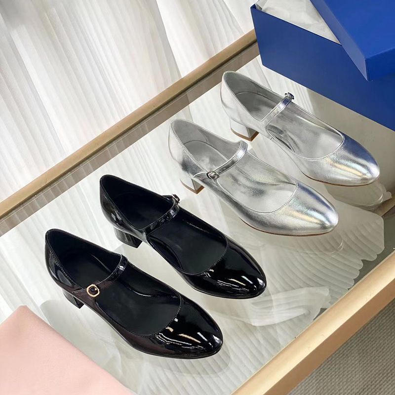 Waren ~ Neue SW Mary Jane Heels, echtes Leder, dicke Sohlen, Schnalle im französischen Stil, einzeiliger Riemen, flacher Mund, einzeln_voghion.com