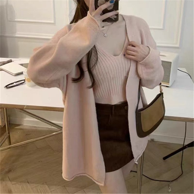 Completo cardigan in maglia da donna - Canotta con lacci e scollo a V e maglione a maniche lunghe, design casual a coste in stile coreano, completo in due pezzi tinta unita_voghion.com