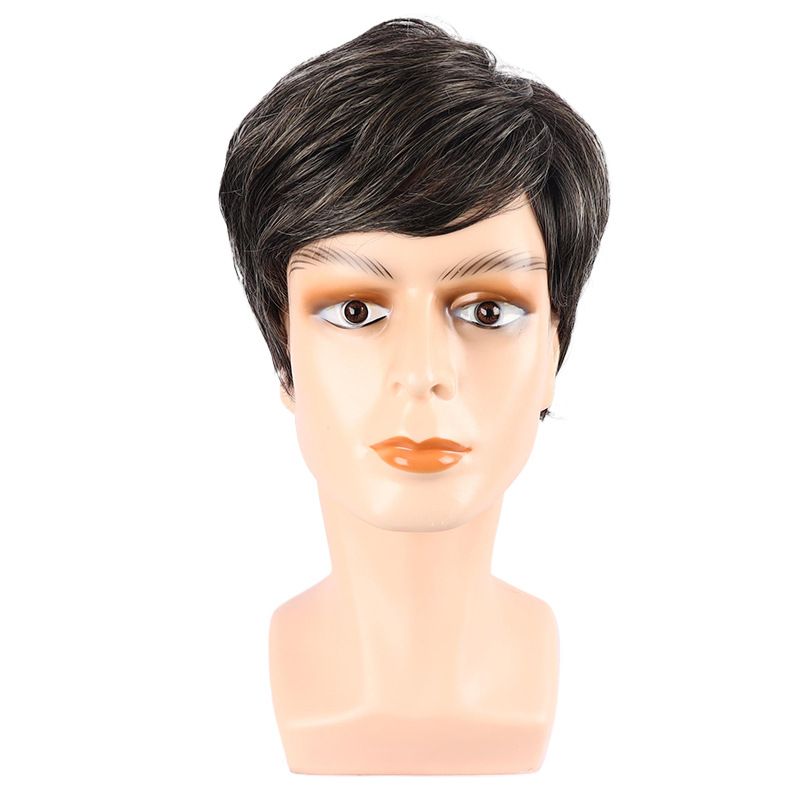 Perruque synthétique à clips pour homme, cheveux courts et raides avec raie sur le côté, en soie haute température et fibres chimiques, pour personnes d'âge moyen et âgées._voghion.com