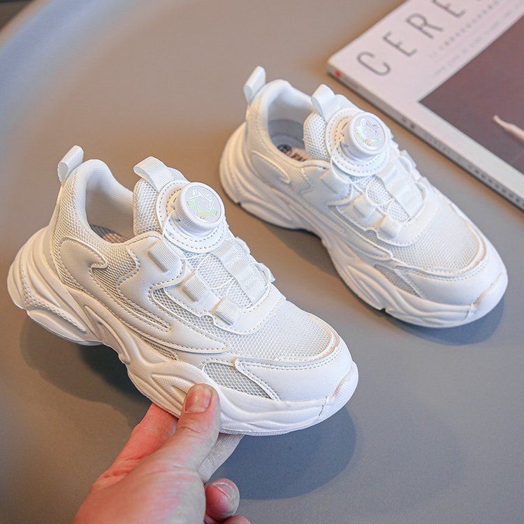 Sneakers con bottoni rotanti per ragazze, stile 2025, primavera e autunno, nuove scarpe da corsa traspiranti in rete per ragazzi, bianche, alla moda_voghion.com