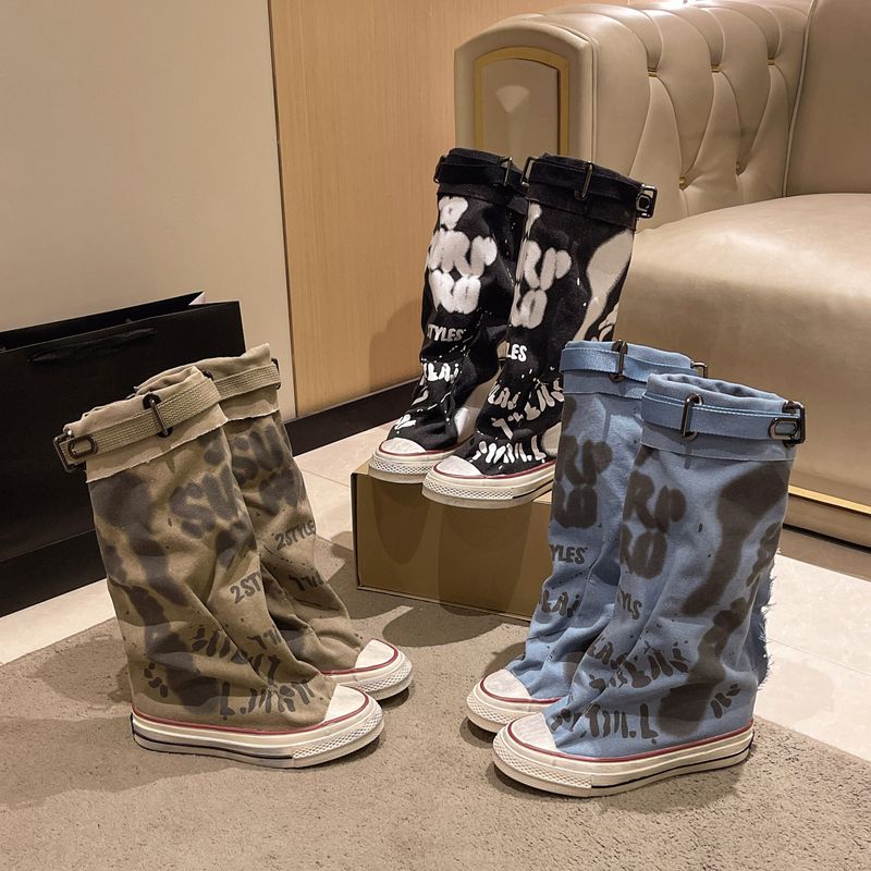 Damenschuhe Stiefel Damen Retro Flache Graffiti Wadenhohe Stiefel Sexy Große Mode Pile Stiefel_voghion.com