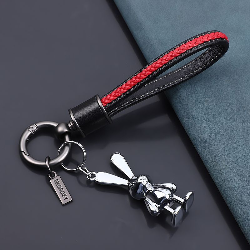 Porte-clés de voiture en cuir de vache, petit lapin, pendentif tridimensionnel, dessin animé, mignon, pour femme, personnalité, couple, sac_voghion.com